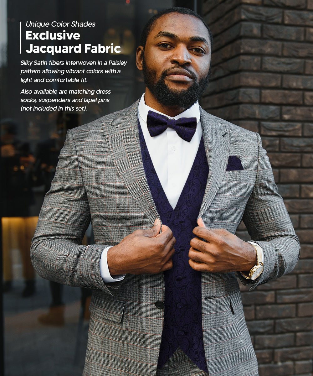 Vittorio Farina Men's Woven Paisley Vest, Necktie, Bow Tie and Pocket Square Set (Black Back) - vest_paisley_BB_navy_XS - Classy Cufflinks