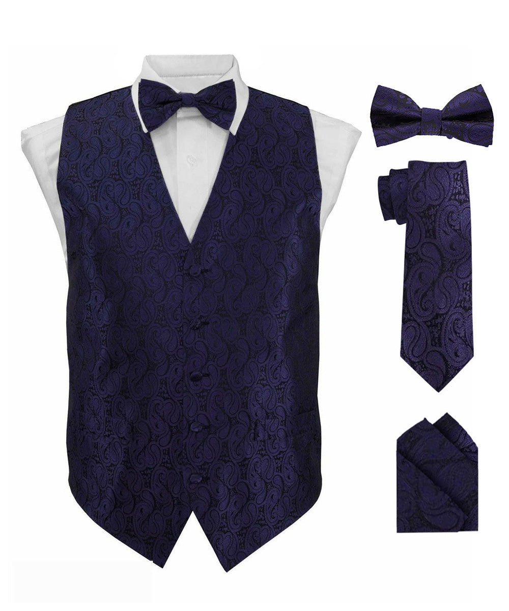 Vittorio Farina Men's Woven Paisley Vest, Necktie, Bow Tie and Pocket Square Set (Black Back) - vest_paisley_BB_navy_XS - Classy Cufflinks