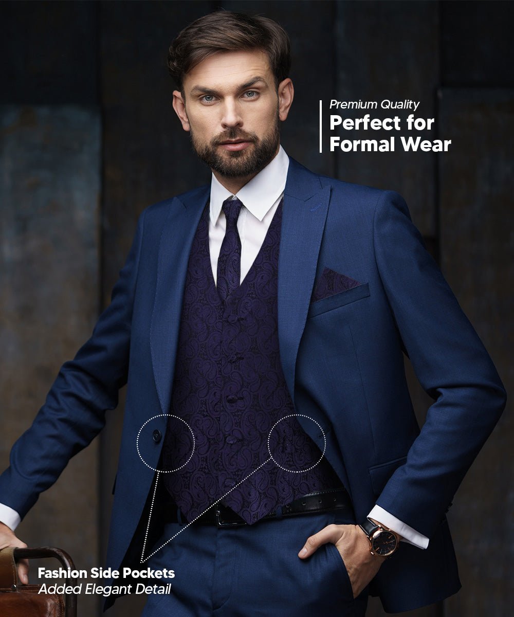 Vittorio Farina Men's Woven Paisley Vest, Necktie, Bow Tie and Pocket Square Set (Black Back) - vest_paisley_BB_navy_XS - Classy Cufflinks