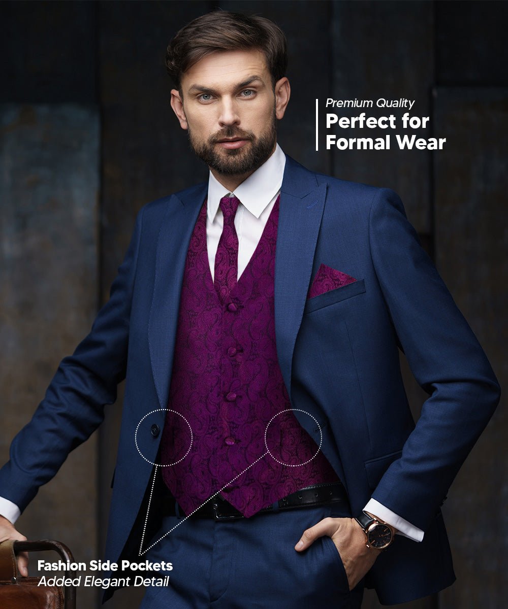 Vittorio Farina Men's Woven Paisley Vest, Necktie, Bow Tie and Pocket Square Set (Black Back) - vest_paisley_BB_plum_XS - Classy Cufflinks