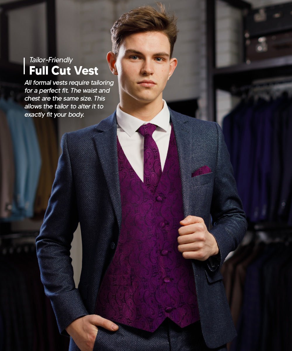 Vittorio Farina Men's Woven Paisley Vest, Necktie, Bow Tie and Pocket Square Set (Black Back) - vest_paisley_BB_plum_XS - Classy Cufflinks