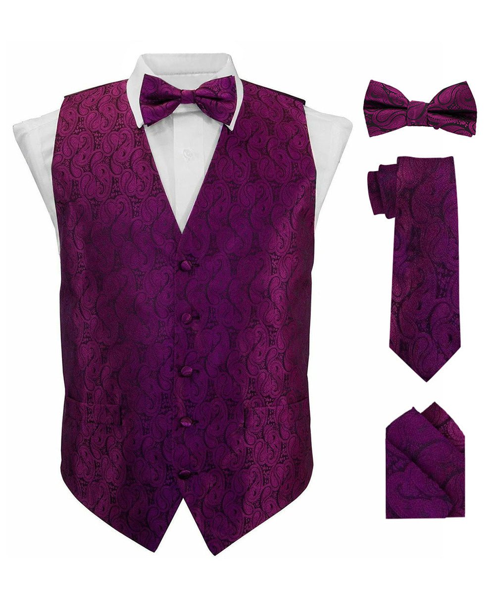 Vittorio Farina Men's Woven Paisley Vest, Necktie, Bow Tie and Pocket Square Set (Black Back) - vest_paisley_BB_plum_XS - Classy Cufflinks