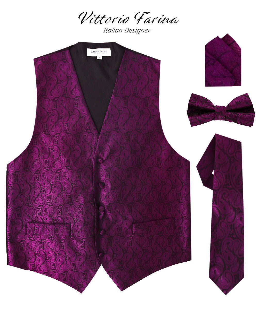 Vittorio Farina Men's Woven Paisley Vest, Necktie, Bow Tie and Pocket Square Set (Black Back) - vest_paisley_BB_plum_XS - Classy Cufflinks