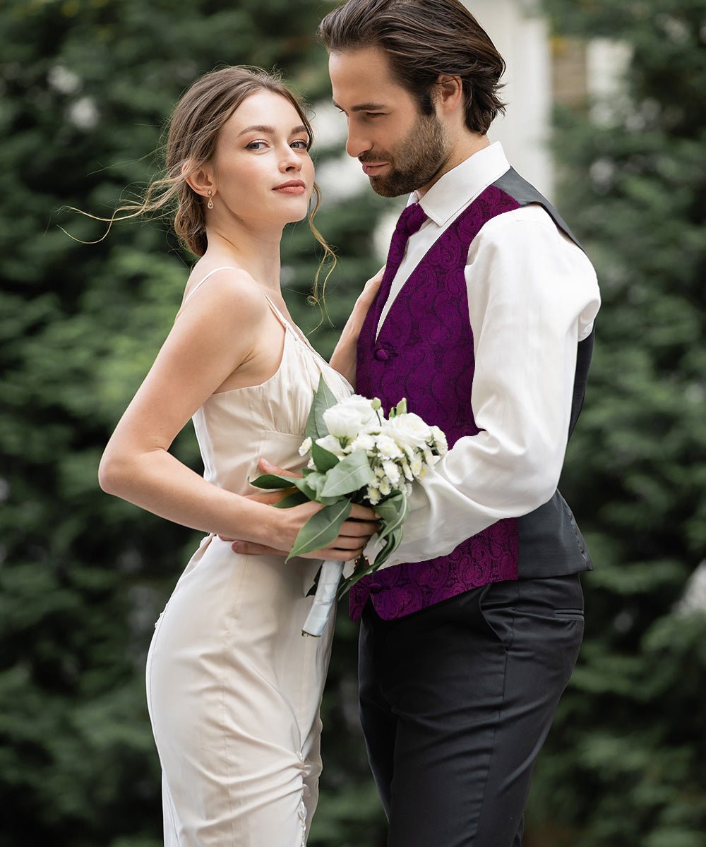 Vittorio Farina Men's Woven Paisley Vest, Necktie, Bow Tie and Pocket Square Set (Black Back) - vest_paisley_BB_plum_XS - Classy Cufflinks