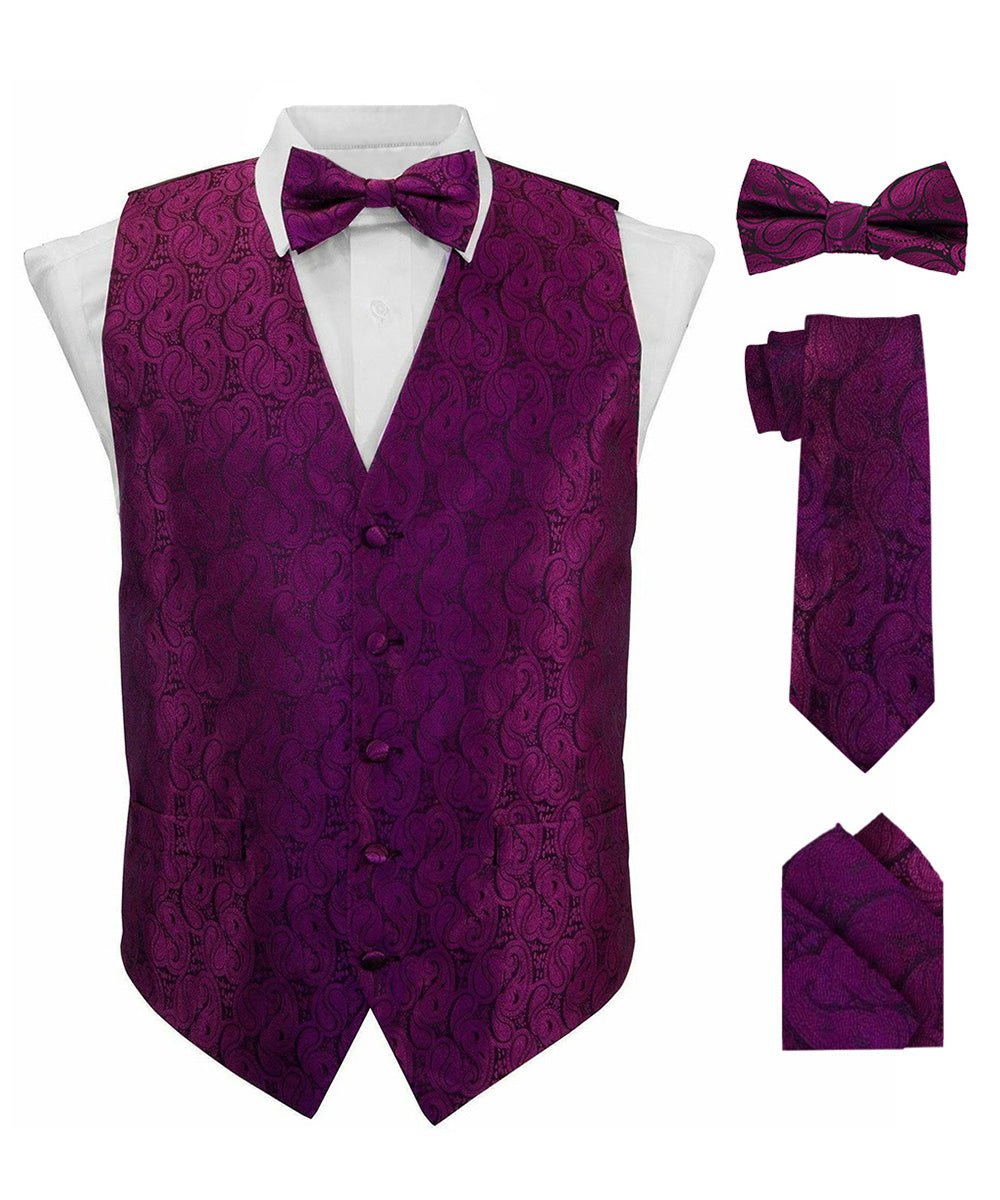 Vittorio Farina Men's Woven Paisley Vest, Necktie, Bow Tie and Pocket Square Set (Black Back) - vest_paisley_BB_plum_XS - Classy Cufflinks