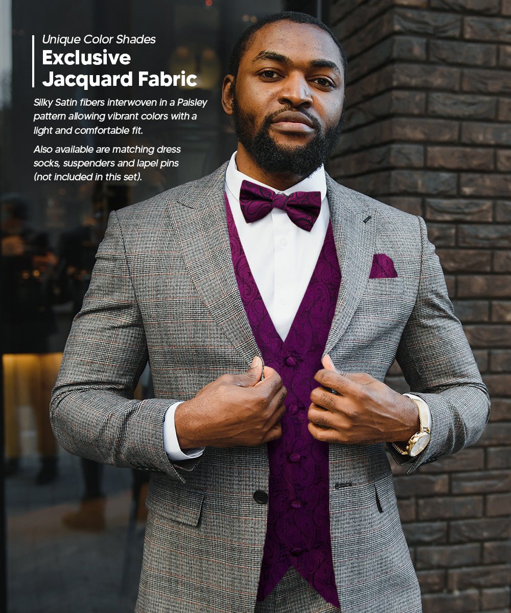 Vittorio Farina Men's Woven Paisley Vest, Necktie, Bow Tie and Pocket Square Set (Black Back) - vest_paisley_BB_plum_XS - Classy Cufflinks