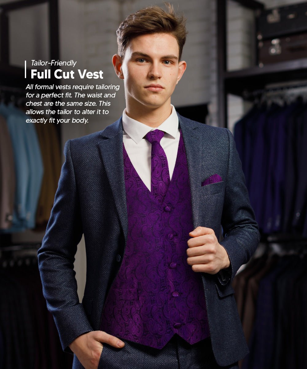 Vittorio Farina Men's Woven Paisley Vest, Necktie, Bow Tie and Pocket Square Set (Black Back) - vest_paisley_BB_purple_XS - Classy Cufflinks