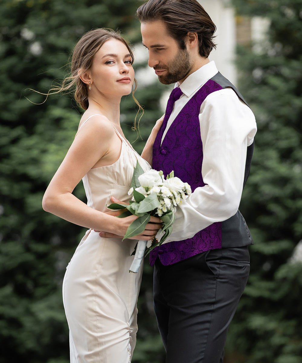 Vittorio Farina Men's Woven Paisley Vest, Necktie, Bow Tie and Pocket Square Set (Black Back) - vest_paisley_BB_purple_XS - Classy Cufflinks