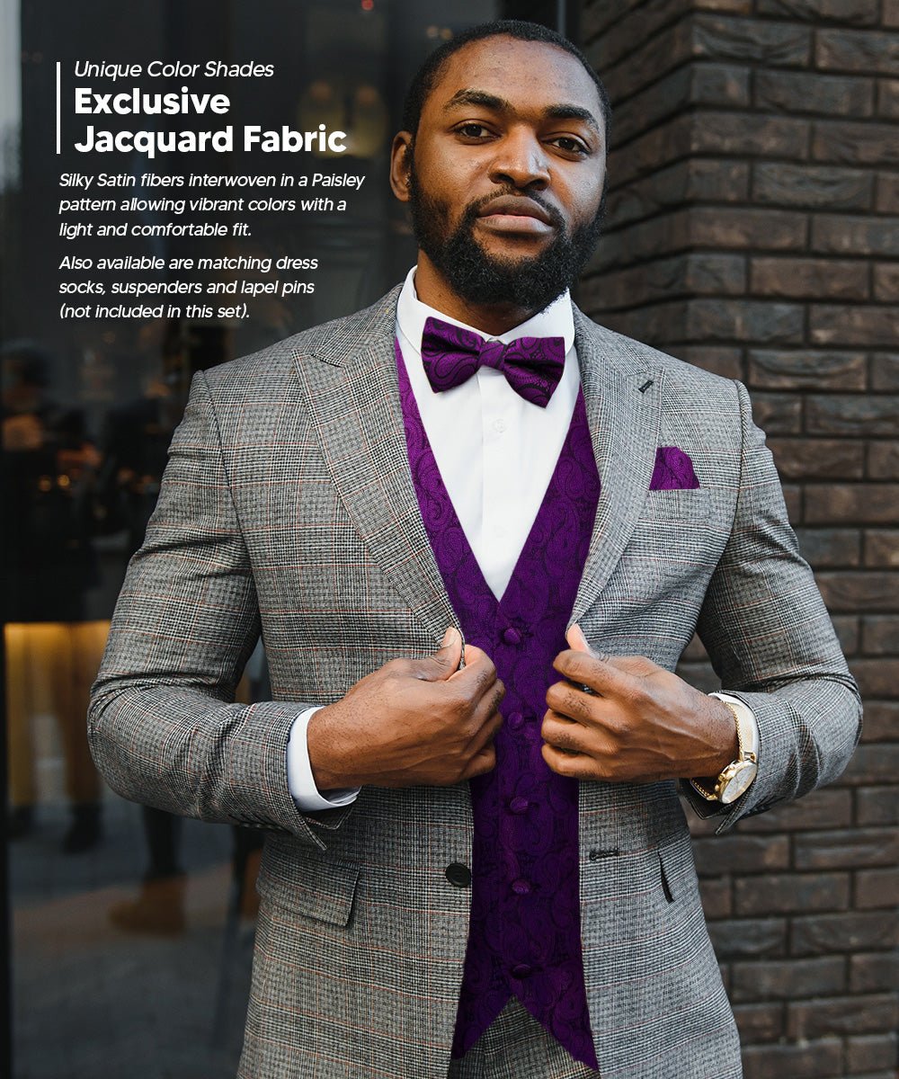 Vittorio Farina Men's Woven Paisley Vest, Necktie, Bow Tie and Pocket Square Set (Black Back) - vest_paisley_BB_purple_XS - Classy Cufflinks