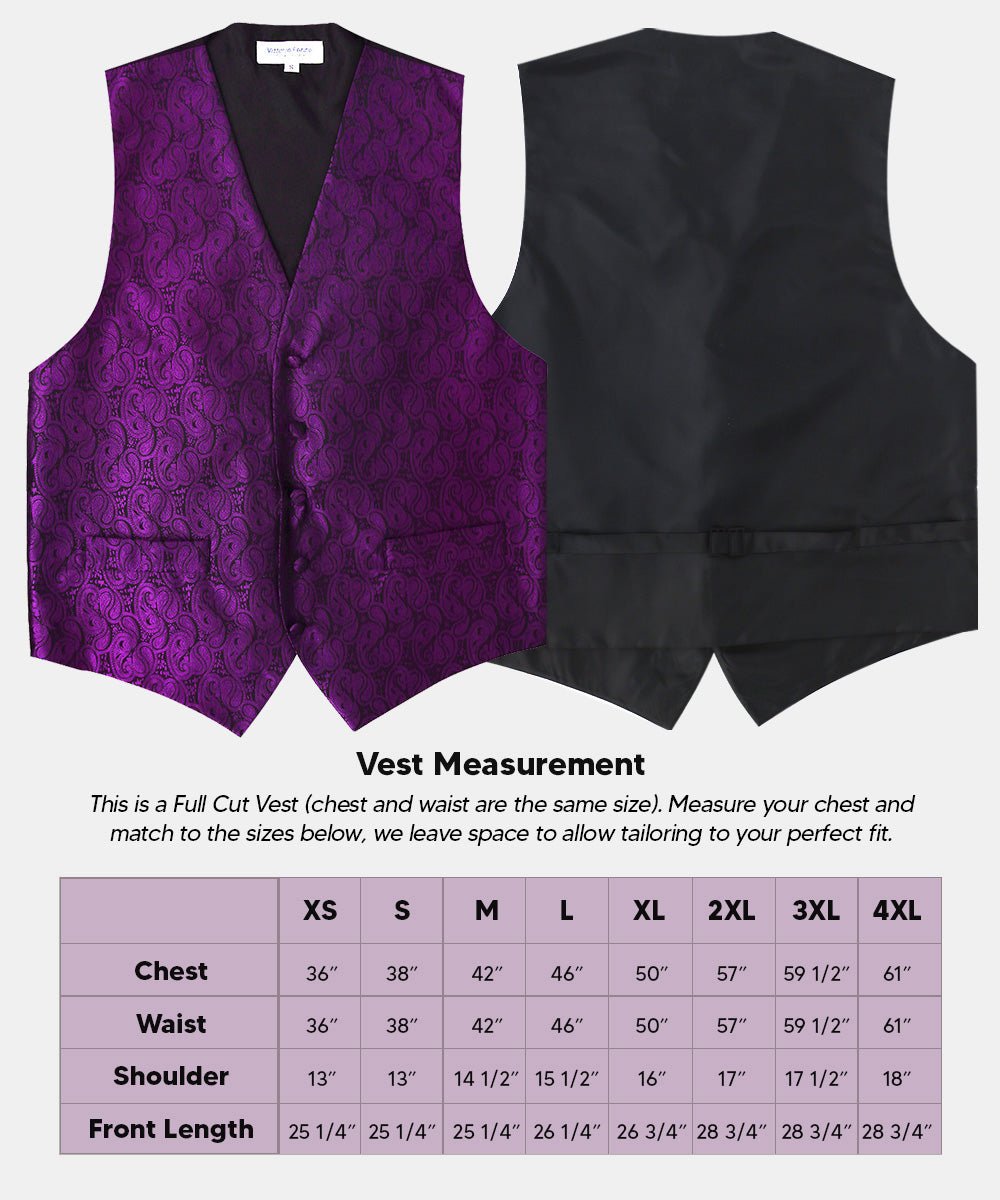 Vittorio Farina Men's Woven Paisley Vest, Necktie, Bow Tie and Pocket Square Set (Black Back) - vest_paisley_BB_purple_XS - Classy Cufflinks