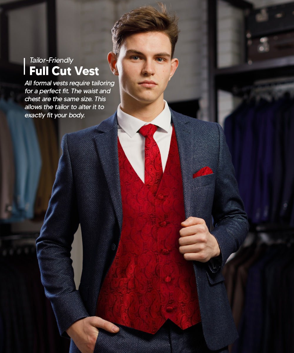 Vittorio Farina Men's Woven Paisley Vest, Necktie, Bow Tie and Pocket Square Set (Black Back) - vest_paisley_BB_red_XS - Classy Cufflinks