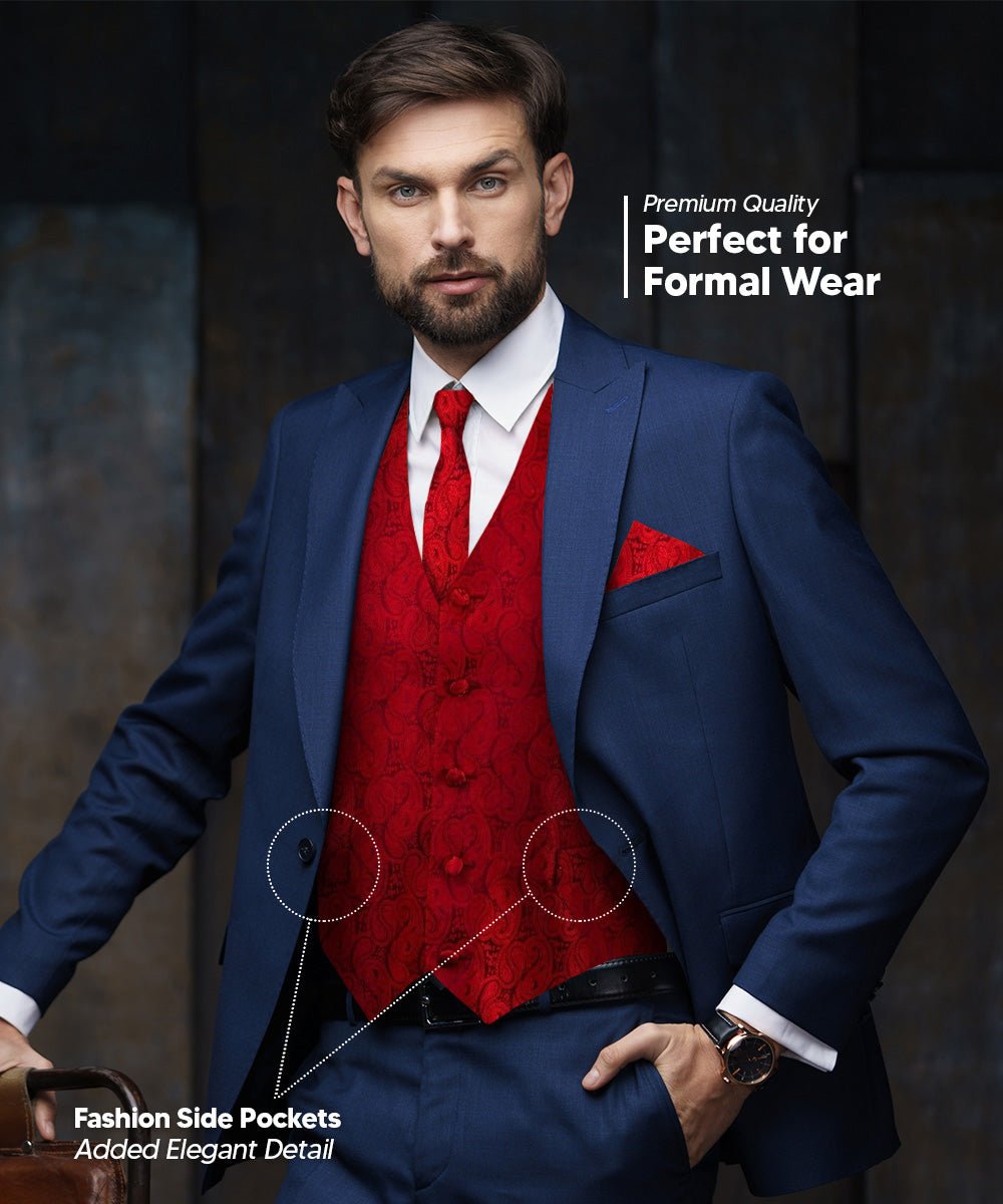 Vittorio Farina Men's Woven Paisley Vest, Necktie, Bow Tie and Pocket Square Set (Black Back) - vest_paisley_BB_red_XS - Classy Cufflinks