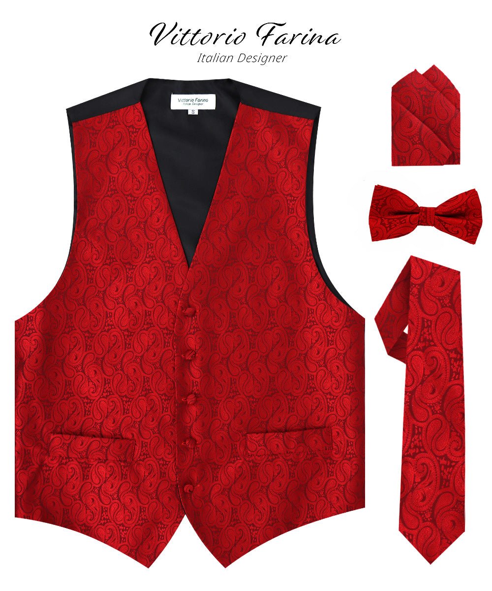 Vittorio Farina Men's Woven Paisley Vest, Necktie, Bow Tie and Pocket Square Set (Black Back) - vest_paisley_BB_red_XS - Classy Cufflinks