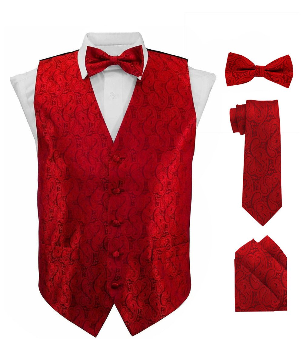 Vittorio Farina Men's Woven Paisley Vest, Necktie, Bow Tie and Pocket Square Set (Black Back) - vest_paisley_BB_red_XS - Classy Cufflinks