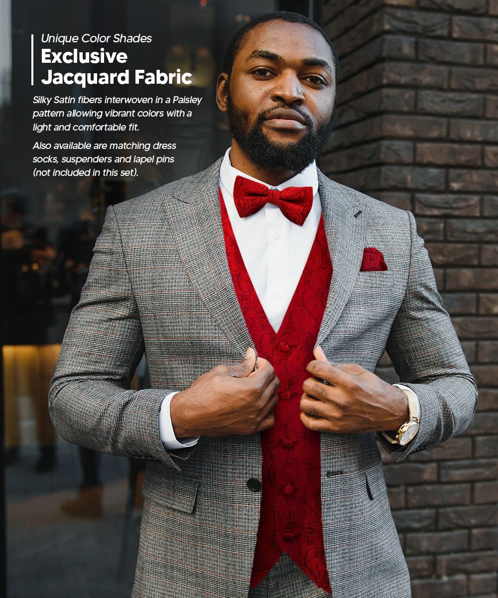 Vittorio Farina Men's Woven Paisley Vest, Necktie, Bow Tie and Pocket Square Set (Black Back) - vest_paisley_BB_red_XS - Classy Cufflinks