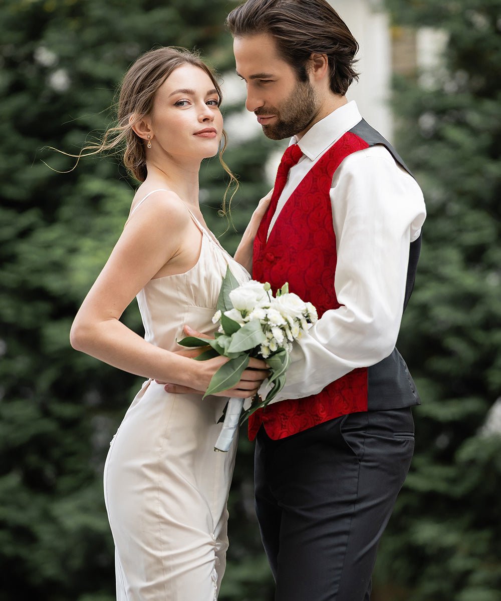 Vittorio Farina Men's Woven Paisley Vest, Necktie, Bow Tie and Pocket Square Set (Black Back) - vest_paisley_BB_red_XS - Classy Cufflinks