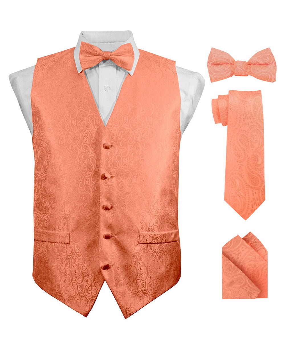 Vittorio Farina Men's Woven Paisley Vest, Necktie, Bow Tie and Pocket Square Set (Black Back) - vest_paisley_BB_rosegold_XS - Classy Cufflinks