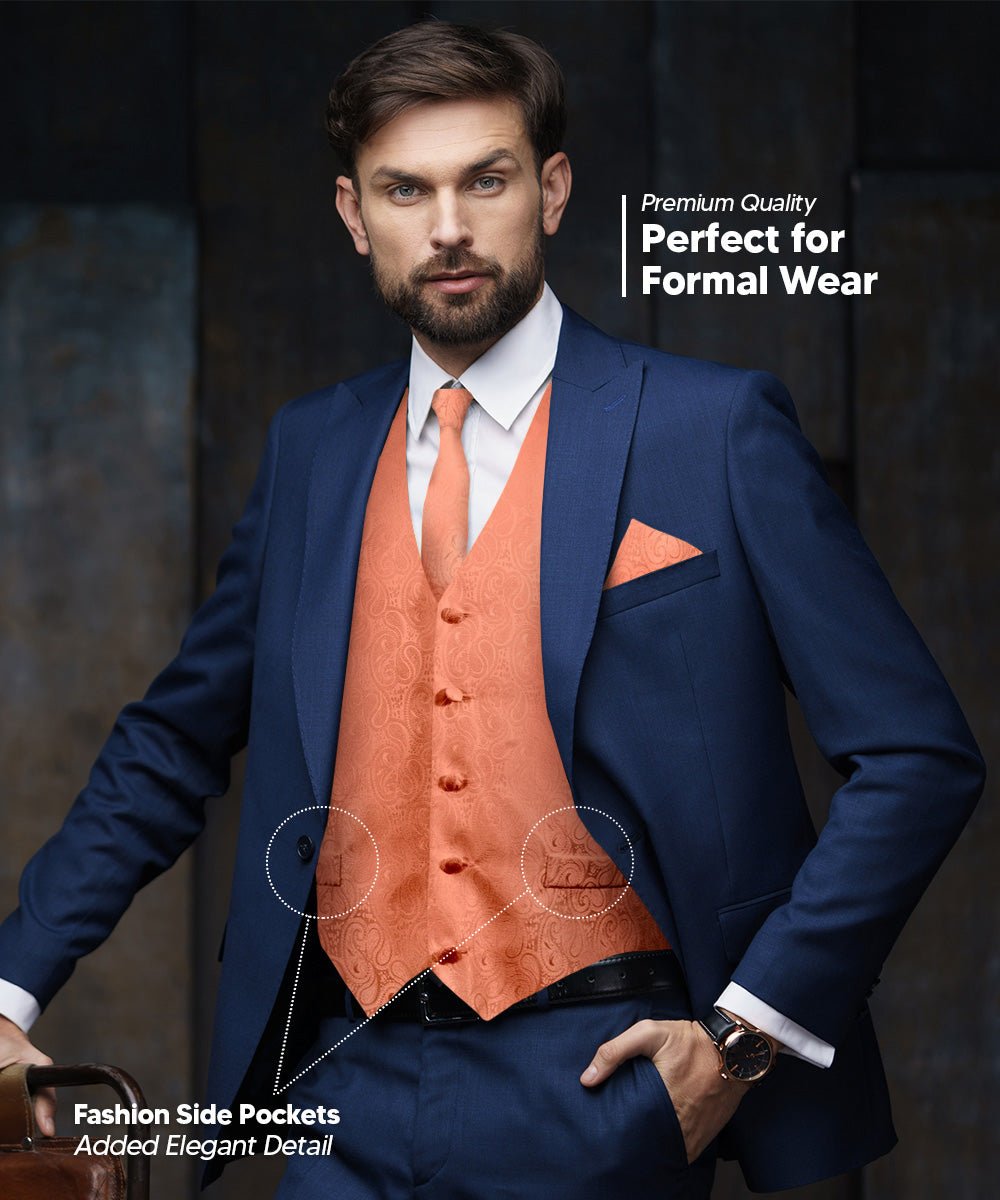Vittorio Farina Men's Woven Paisley Vest, Necktie, Bow Tie and Pocket Square Set (Black Back) - vest_paisley_BB_rosegold_XS - Classy Cufflinks