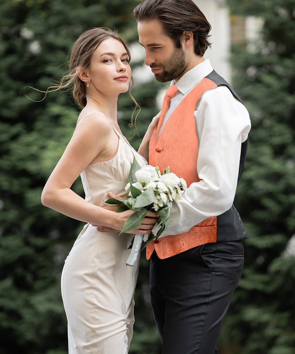 Vittorio Farina Men's Woven Paisley Vest, Necktie, Bow Tie and Pocket Square Set (Black Back) - vest_paisley_BB_rosegold_XS - Classy Cufflinks