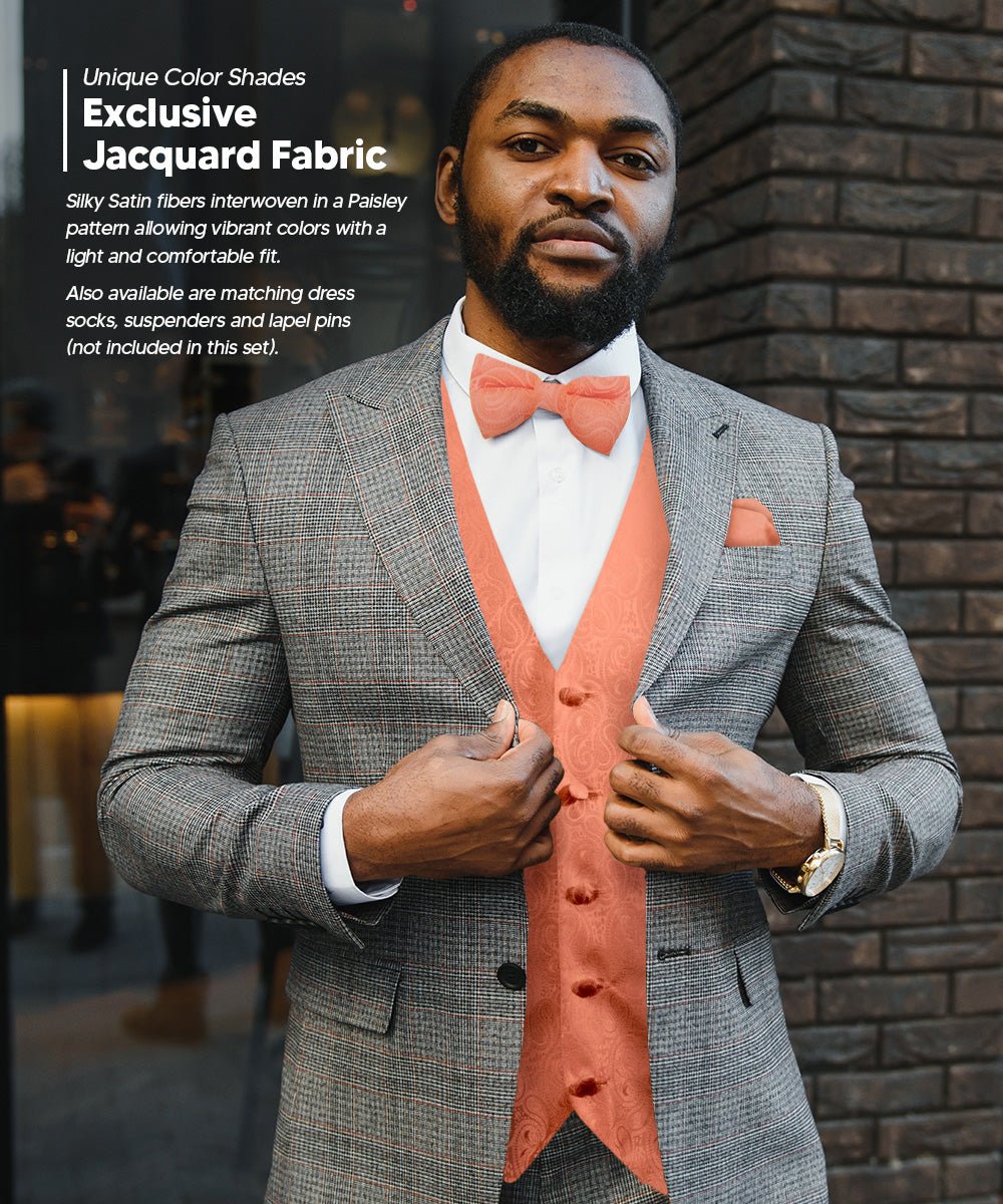 Vittorio Farina Men's Woven Paisley Vest, Necktie, Bow Tie and Pocket Square Set (Black Back) - vest_paisley_BB_rosegold_XS - Classy Cufflinks