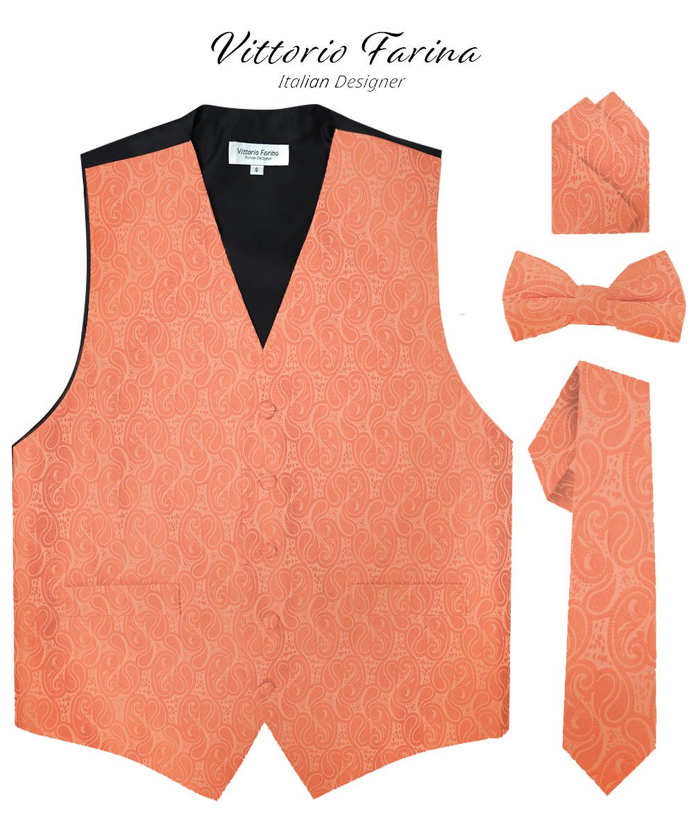 Vittorio Farina Men's Woven Paisley Vest, Necktie, Bow Tie and Pocket Square Set (Black Back) - vest_paisley_BB_rosegold_XS - Classy Cufflinks