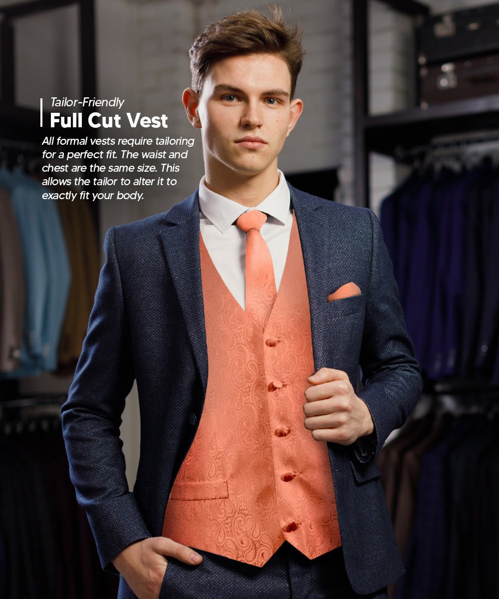 Vittorio Farina Men's Woven Paisley Vest, Necktie, Bow Tie and Pocket Square Set (Black Back) - vest_paisley_BB_rosegold_XS - Classy Cufflinks