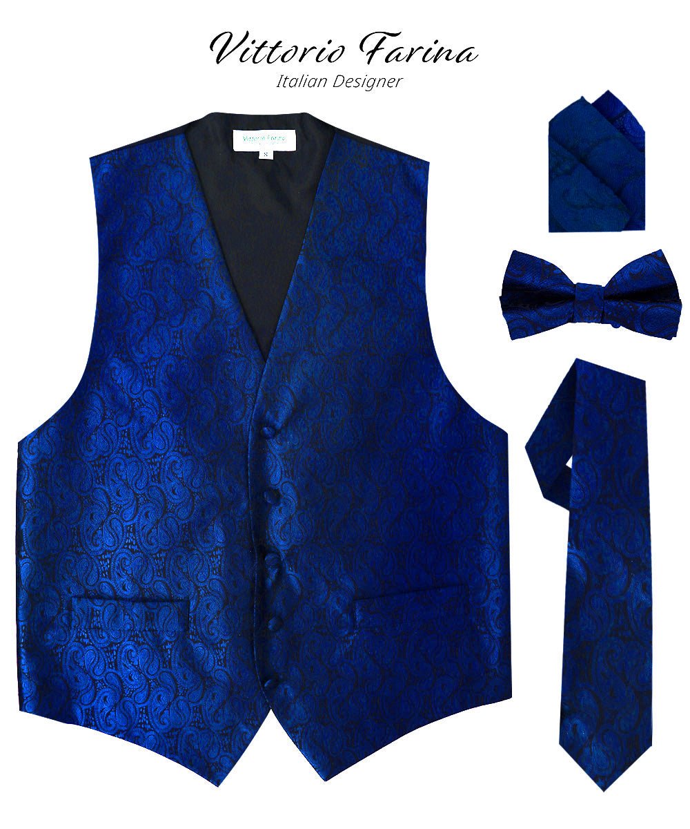 Vittorio Farina Men's Woven Paisley Vest, Necktie, Bow Tie and Pocket Square Set (Black Back) - vest_paisley_BB_royal_XS - Classy Cufflinks
