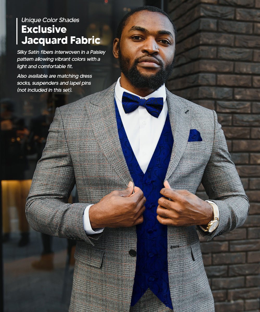 Vittorio Farina Men's Woven Paisley Vest, Necktie, Bow Tie and Pocket Square Set (Black Back) - vest_paisley_BB_royal_XS - Classy Cufflinks