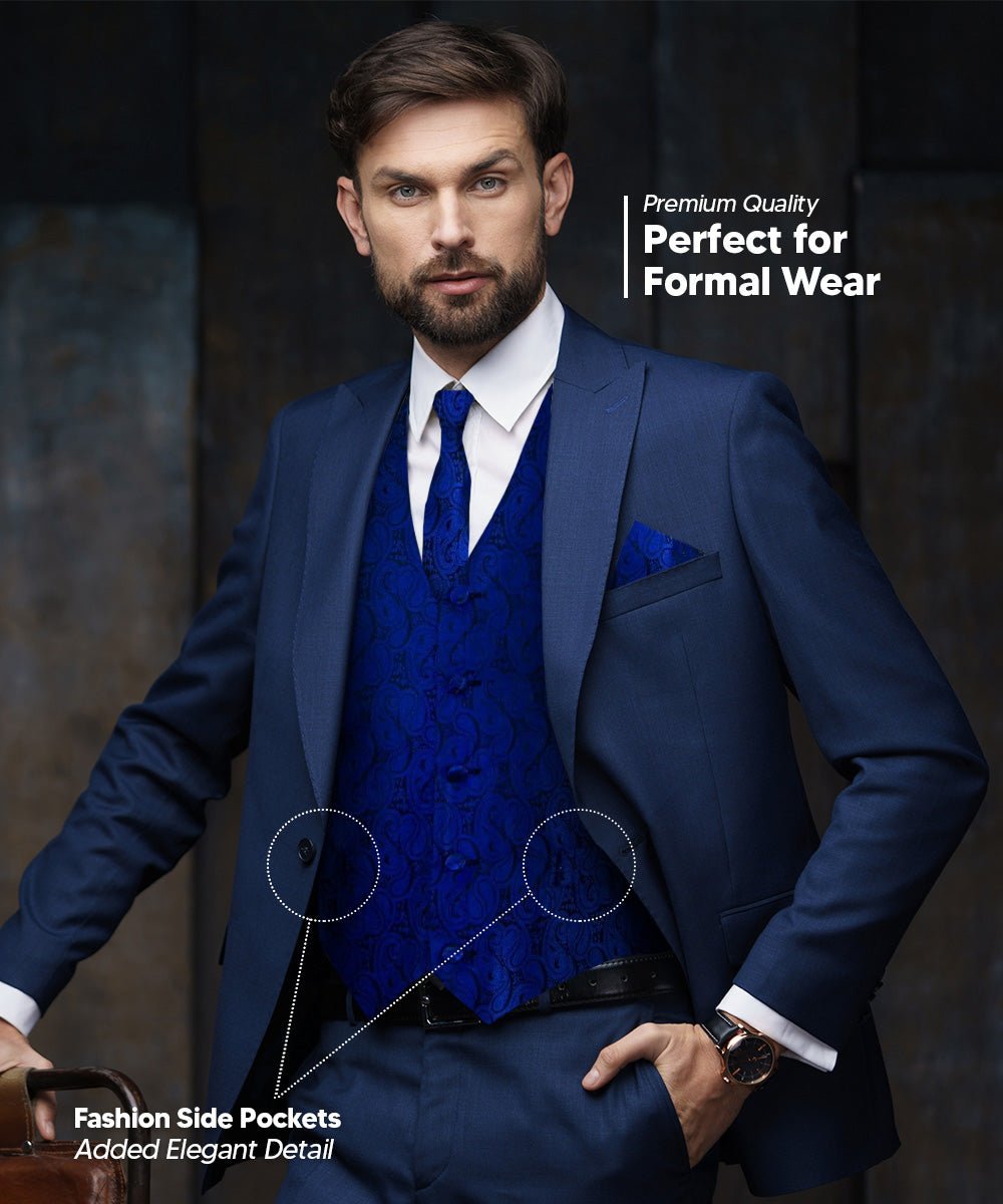 Vittorio Farina Men's Woven Paisley Vest, Necktie, Bow Tie and Pocket Square Set (Black Back) - vest_paisley_BB_royal_XS - Classy Cufflinks