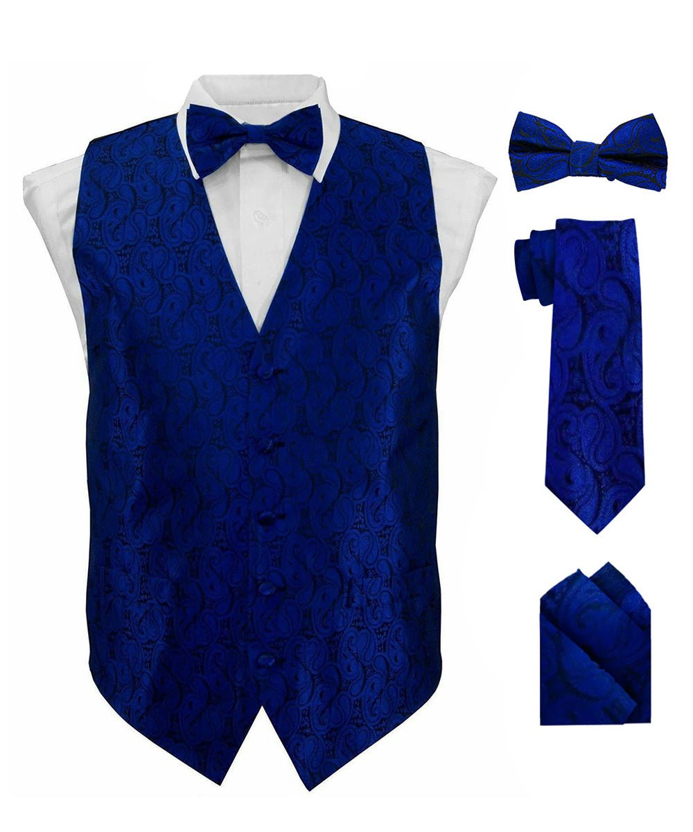 Vittorio Farina Men's Woven Paisley Vest, Necktie, Bow Tie and Pocket Square Set (Black Back) - vest_paisley_BB_royal_XS - Classy Cufflinks