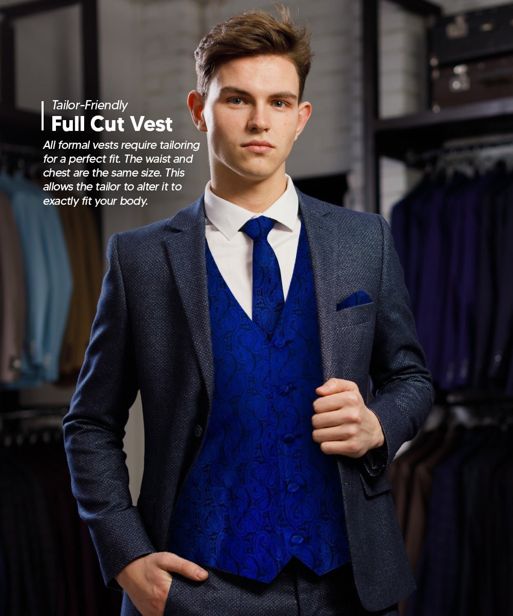 Vittorio Farina Men's Woven Paisley Vest, Necktie, Bow Tie and Pocket Square Set (Black Back) - vest_paisley_BB_royal_XS - Classy Cufflinks