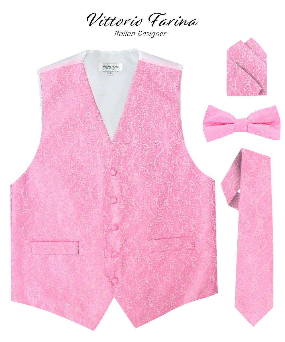 Vittorio Farina Men's Woven Paisley Vest, Necktie, Bow Tie and Pocket Square Set (White Back) - vest_paisley_WB_pink_XS - Classy Cufflinks
