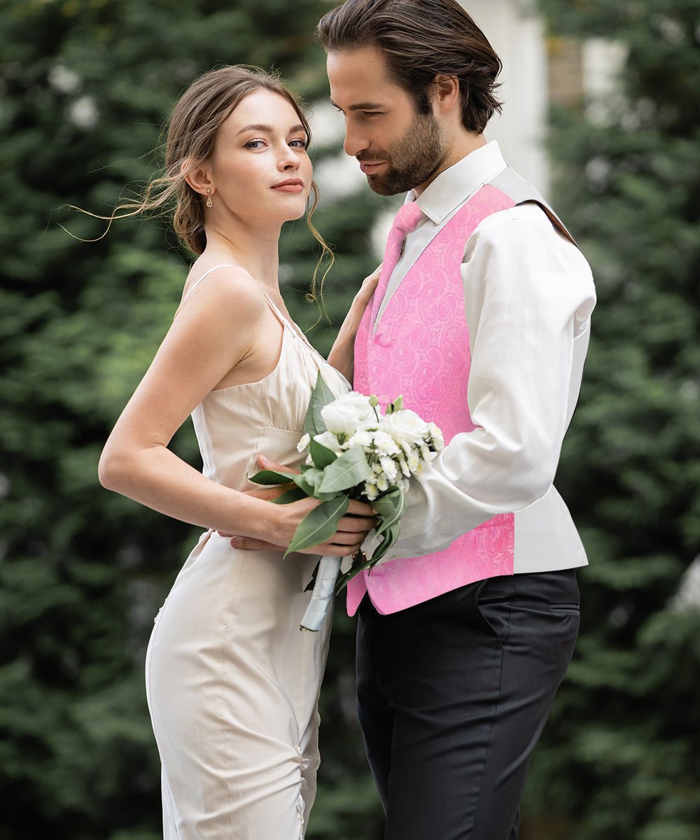 Vittorio Farina Men's Woven Paisley Vest, Necktie, Bow Tie and Pocket Square Set (White Back) - vest_paisley_WB_pink_XS - Classy Cufflinks