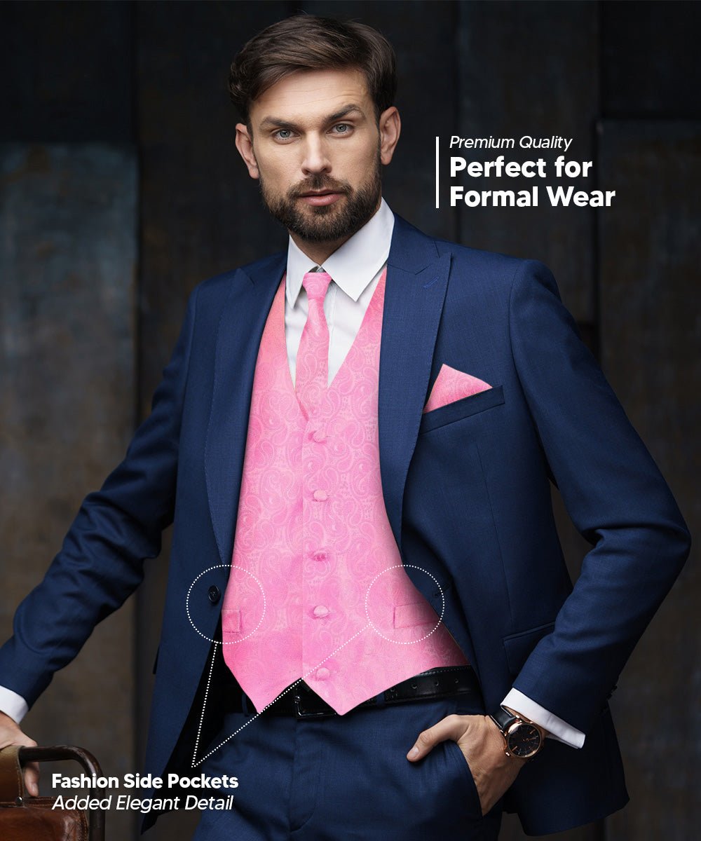 Vittorio Farina Men's Woven Paisley Vest, Necktie, Bow Tie and Pocket Square Set (White Back) - vest_paisley_WB_pink_XS - Classy Cufflinks