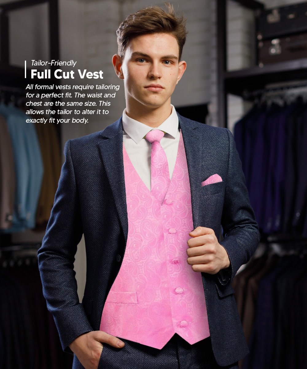 Vittorio Farina Men's Woven Paisley Vest, Necktie, Bow Tie and Pocket Square Set (White Back) - vest_paisley_WB_pink_XS - Classy Cufflinks