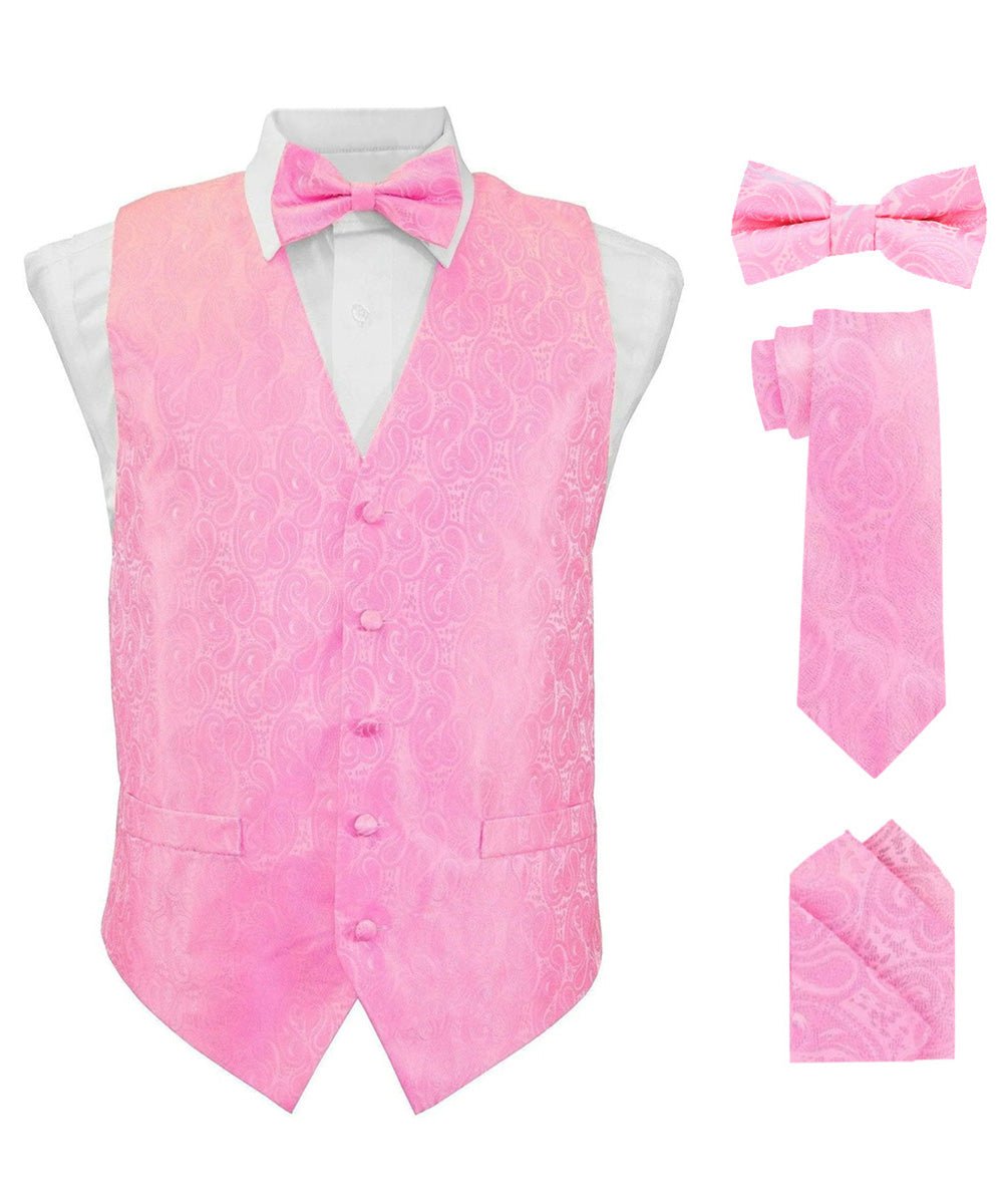 Vittorio Farina Men&#39;s Woven Paisley Vest, Necktie, Bow Tie and Pocket Square Set (White Back) - vest_paisley_WB_pink_XS - Classy Cufflinks