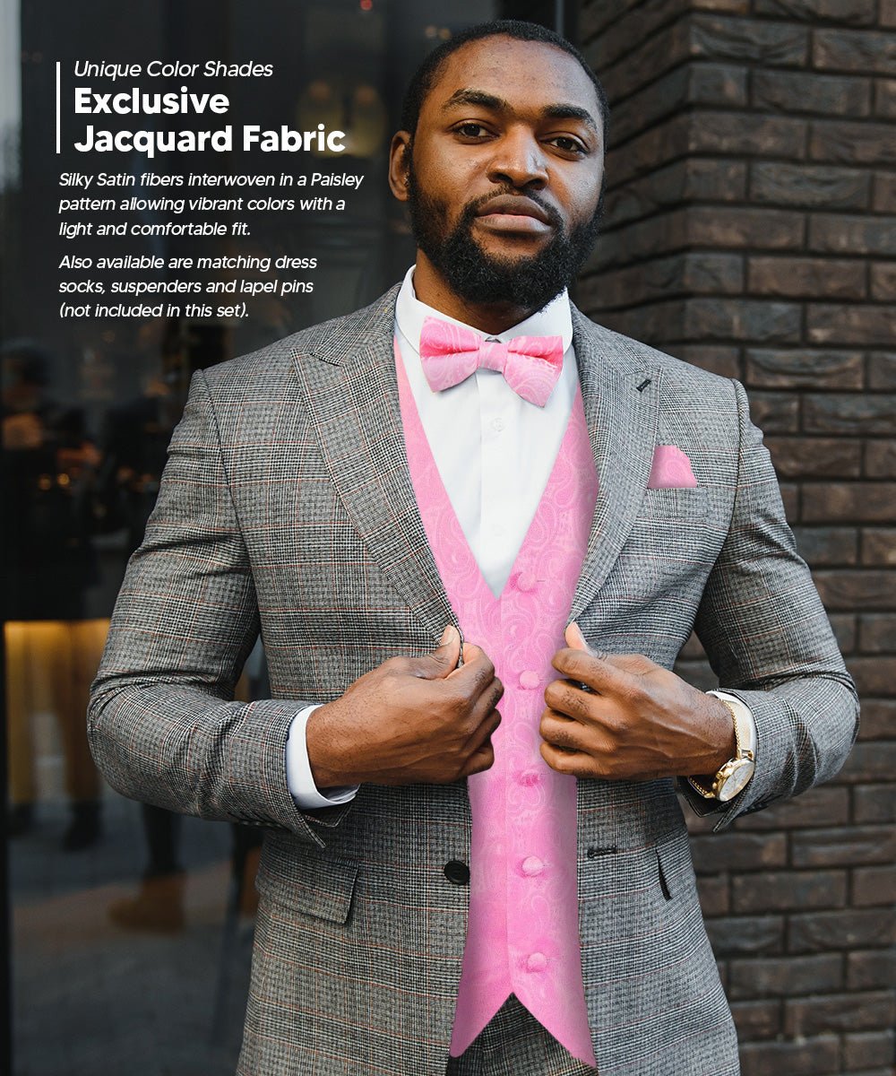 Vittorio Farina Men's Woven Paisley Vest, Necktie, Bow Tie and Pocket Square Set (White Back) - vest_paisley_WB_pink_XS - Classy Cufflinks