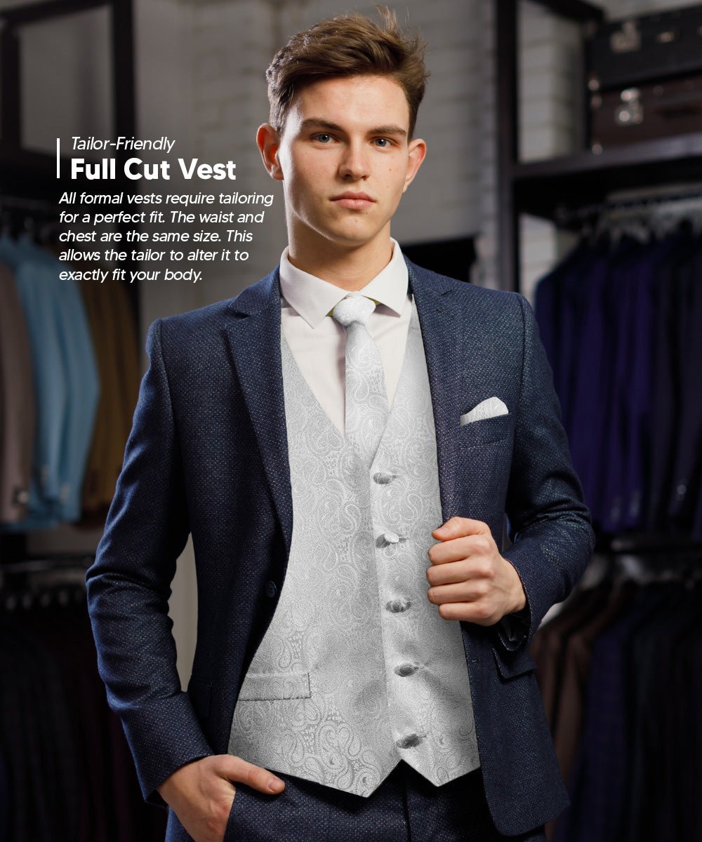 Vittorio Farina Men's Woven Paisley Vest, Necktie, Bow Tie and Pocket Square Set (White Back) - vest_paisley_WB_silver_XS - Classy Cufflinks