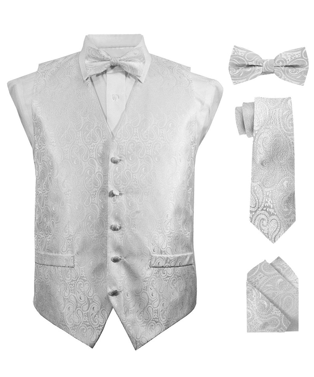 Vittorio Farina Men's Woven Paisley Vest, Necktie, Bow Tie and Pocket Square Set (White Back) - vest_paisley_WB_silver_XS - Classy Cufflinks