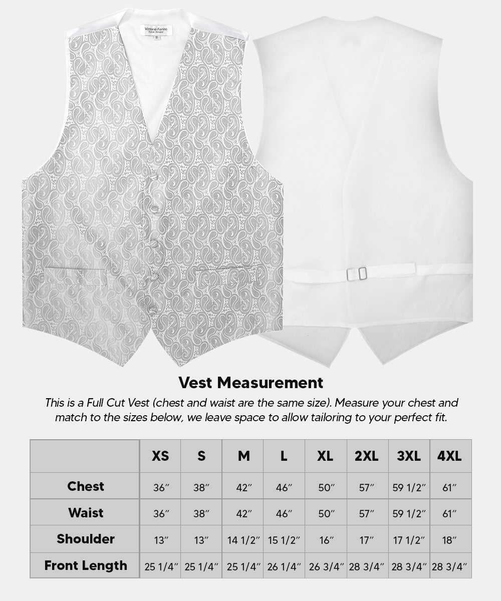 Vittorio Farina Men's Woven Paisley Vest, Necktie, Bow Tie and Pocket Square Set (White Back) - vest_paisley_WB_silver_XS - Classy Cufflinks