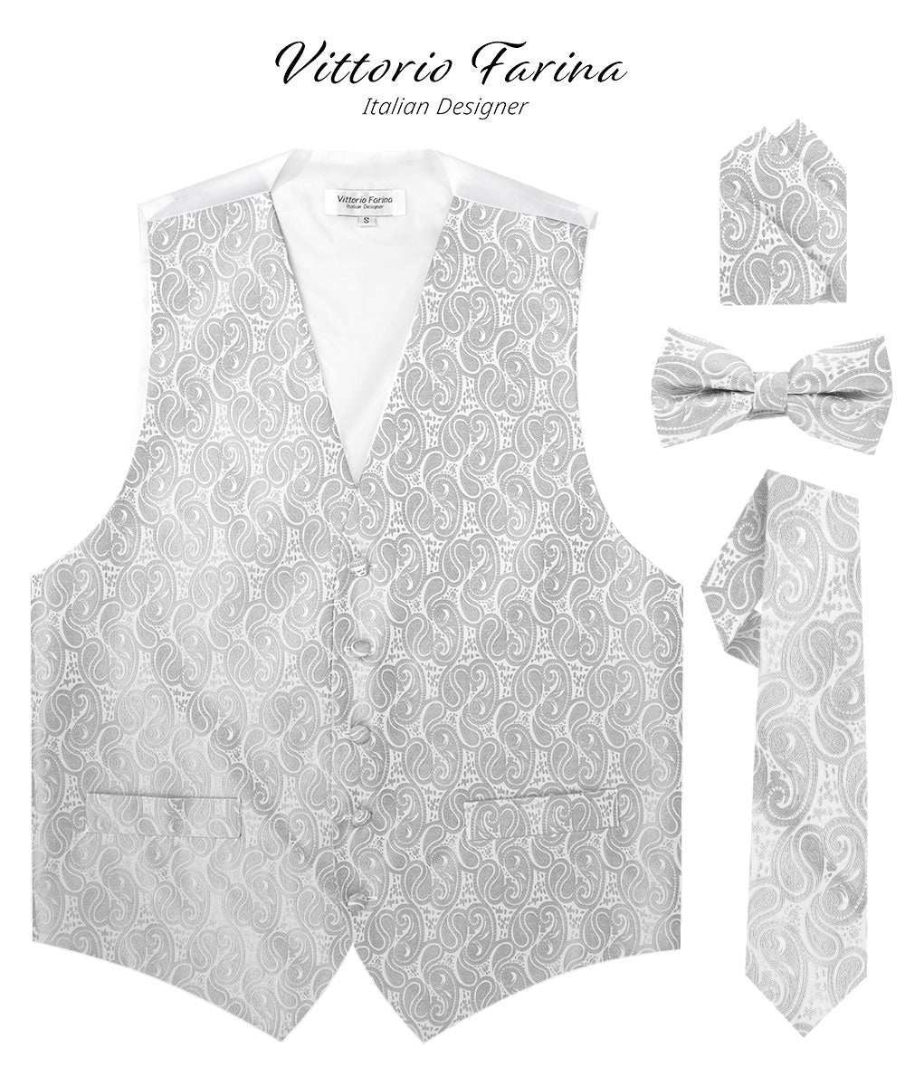 Vittorio Farina Men's Woven Paisley Vest, Necktie, Bow Tie and Pocket Square Set (White Back) - vest_paisley_WB_silver_XS - Classy Cufflinks