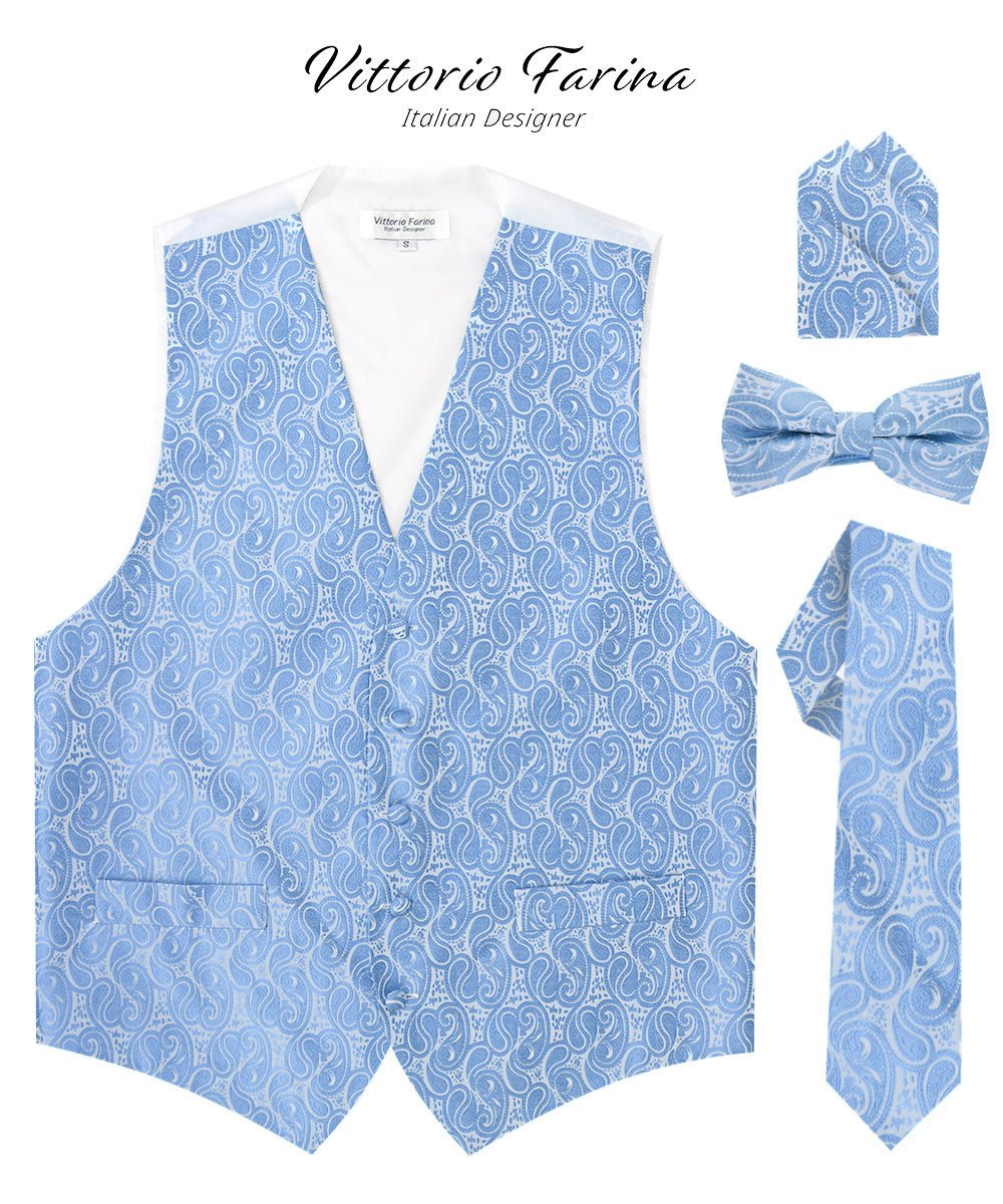 Vittorio Farina Men's Woven Paisley Vest, Necktie, Bow Tie and Pocket Square Set (White Back) - vest_paisley_WB_sky_XS - Classy Cufflinks