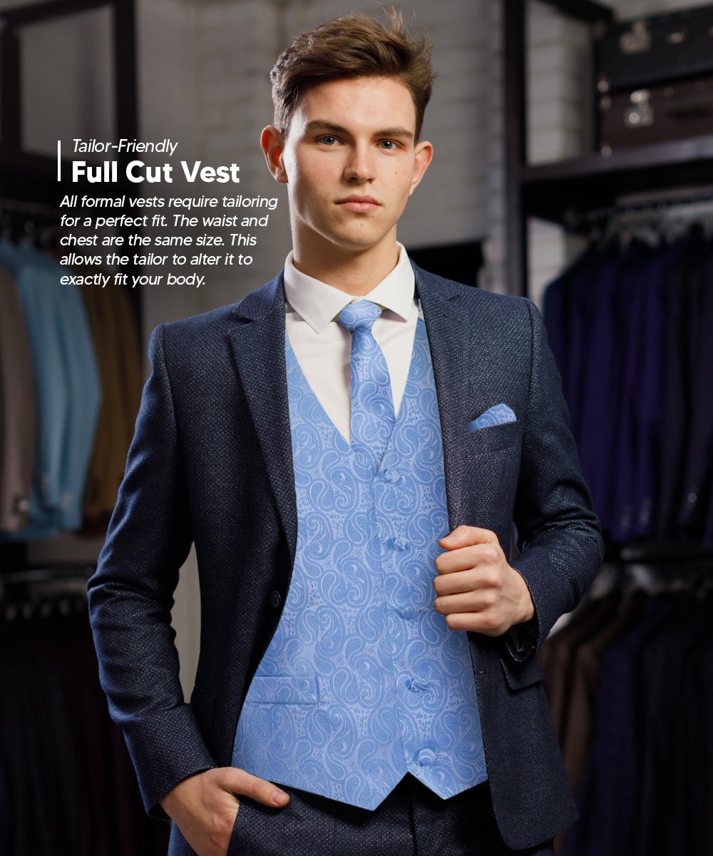 Vittorio Farina Men's Woven Paisley Vest, Necktie, Bow Tie and Pocket Square Set (White Back) - vest_paisley_WB_sky_XS - Classy Cufflinks