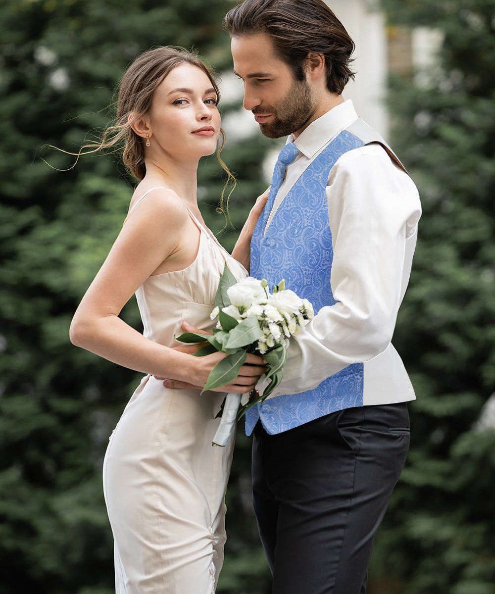 Vittorio Farina Men's Woven Paisley Vest, Necktie, Bow Tie and Pocket Square Set (White Back) - vest_paisley_WB_sky_XS - Classy Cufflinks