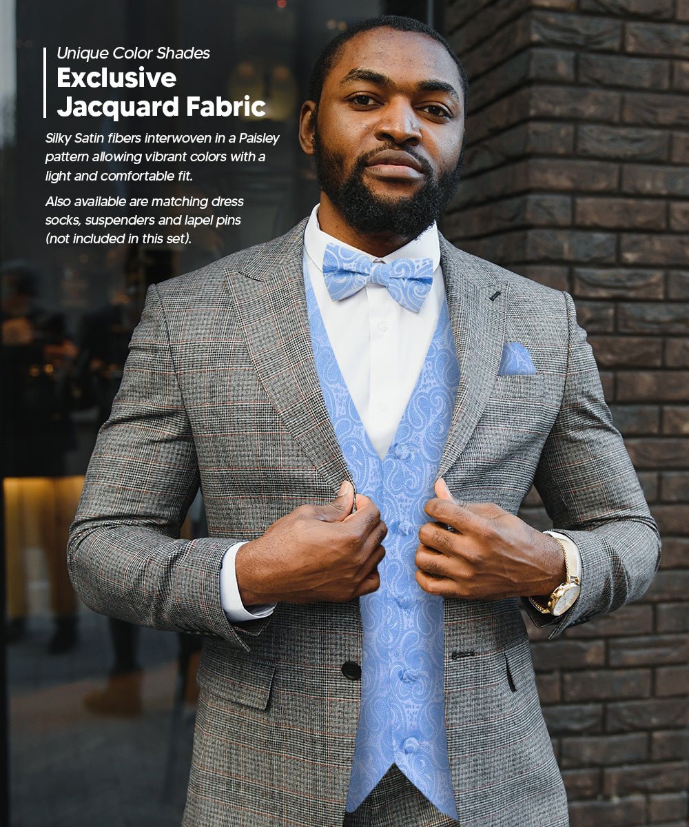 Vittorio Farina Men's Woven Paisley Vest, Necktie, Bow Tie and Pocket Square Set (White Back) - vest_paisley_WB_sky_XS - Classy Cufflinks