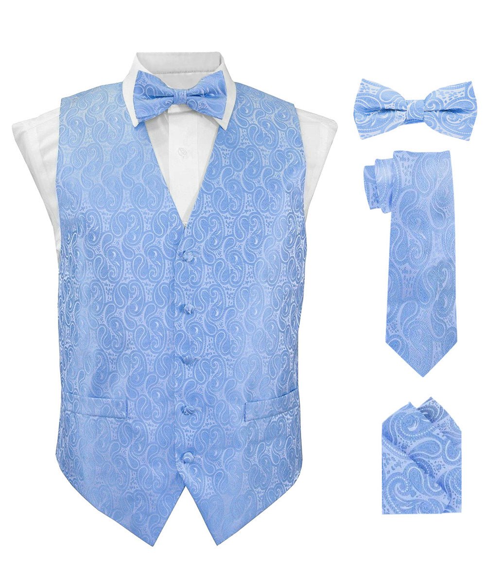 Vittorio Farina Men's Woven Paisley Vest, Necktie, Bow Tie and Pocket Square Set (White Back) - vest_paisley_WB_sky_XS - Classy Cufflinks