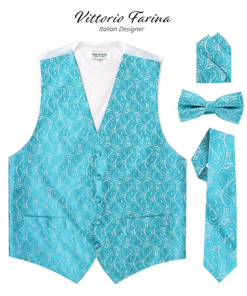 Vittorio Farina Men's Woven Paisley Vest, Necktie, Bow Tie and Pocket Square Set (White Back) - vest_paisley_WB_turquoise_XS - Classy Cufflinks