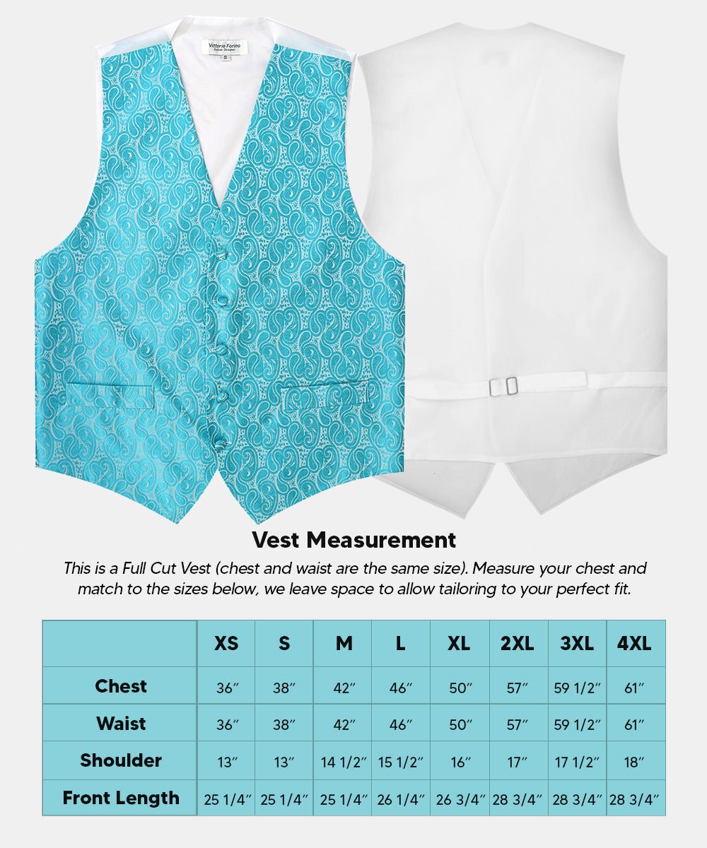 Vittorio Farina Men's Woven Paisley Vest, Necktie, Bow Tie and Pocket Square Set (White Back) - vest_paisley_WB_turquoise_XS - Classy Cufflinks
