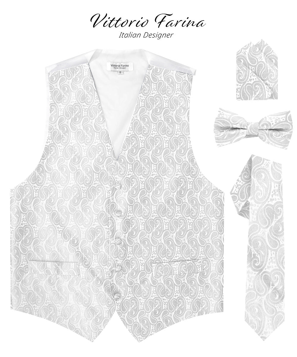 Vittorio Farina Men's Woven Paisley Vest, Necktie, Bow Tie and Pocket Square Set (White Back) - vest_paisley_WB_white_XS - Classy Cufflinks