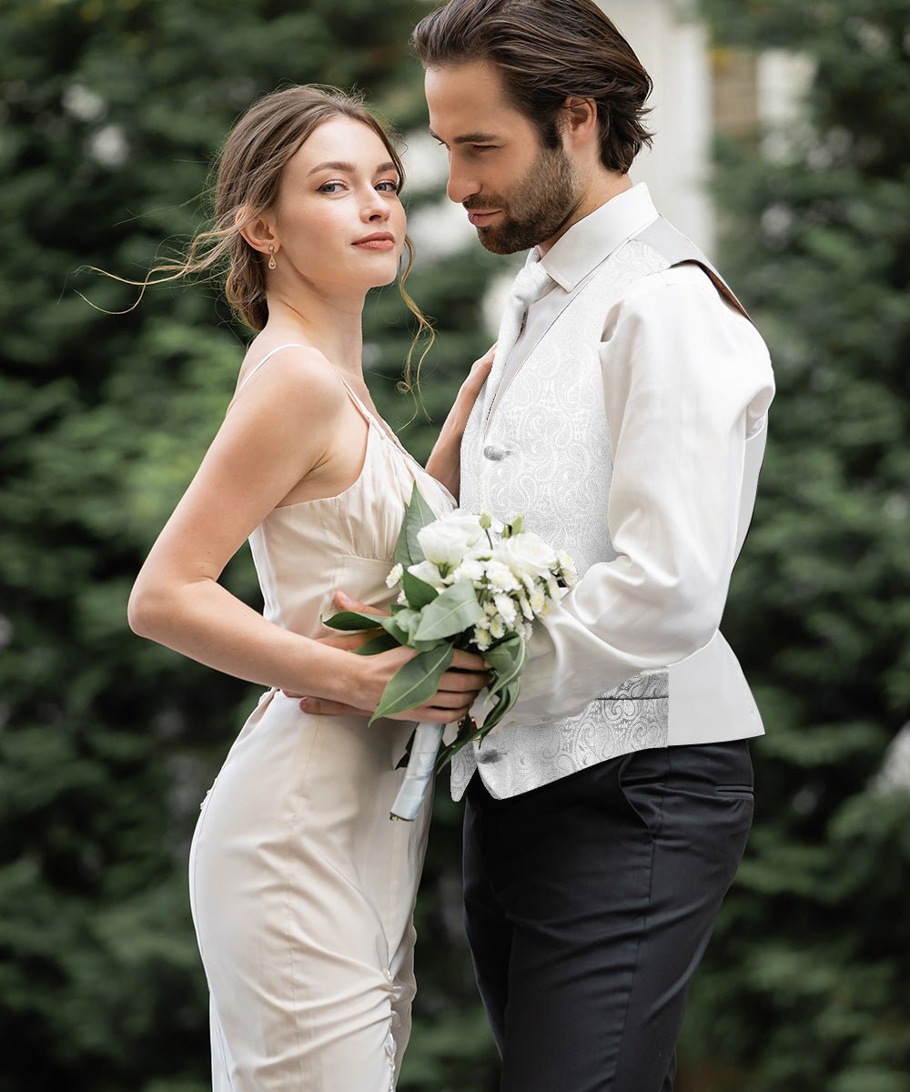 Vittorio Farina Men's Woven Paisley Vest, Necktie, Bow Tie and Pocket Square Set (White Back) - vest_paisley_WB_white_XS - Classy Cufflinks
